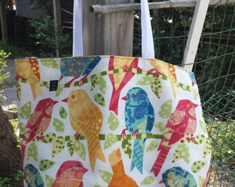 Market tote knitting beach bag REVERSIBLE large tote bird pattern Sunbrella fabric blue orange red