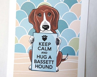 Keep Calm Basset Hound with Scaled Background - 7x9 Eco-friendly Print