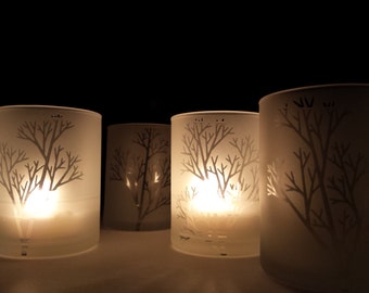 Set Of 6 'Tree Branch' Frosted Glass Votive Holders Engraved Winter Tree Decor Woodland Holiday Home Candle Holder