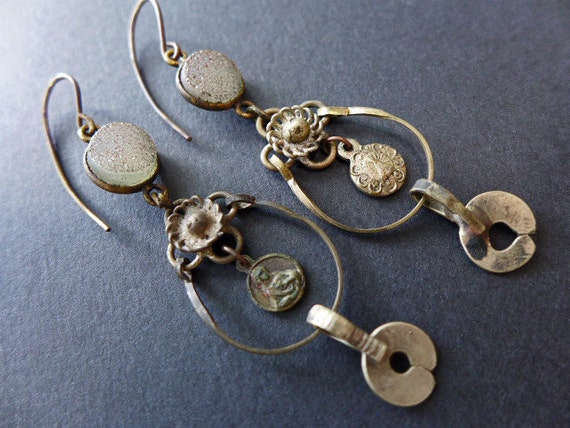 Ontosophy. Delicate rustic Victorian tribal assemblage earrings with druzy, kuchi and religious medals.