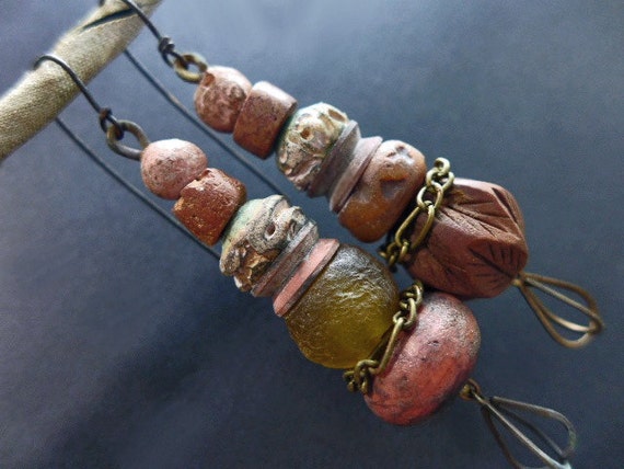 Exulansis. Stacked salmon earrings with rustic art beads. Victorian tribal assemblage.