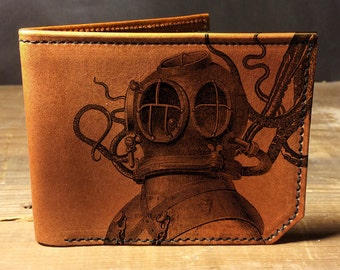 wallet - leather wallet - mens wallet - Octopus attacks diver wallet - 018