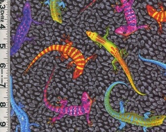 Fabric Benartex Southwestern colorful Geckos on a gray background