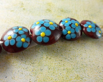 Lampwork Beads Set - Turquoise Daisies on Red Lentils - SRA