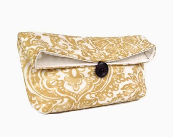 Handmade Makeup Bag, Gold Clutch, Cream Yellow Clutch Purse, Spring Wedding Accessory Lace Pattern, Ivory, Great for Travel, Bridesmaid Gift
