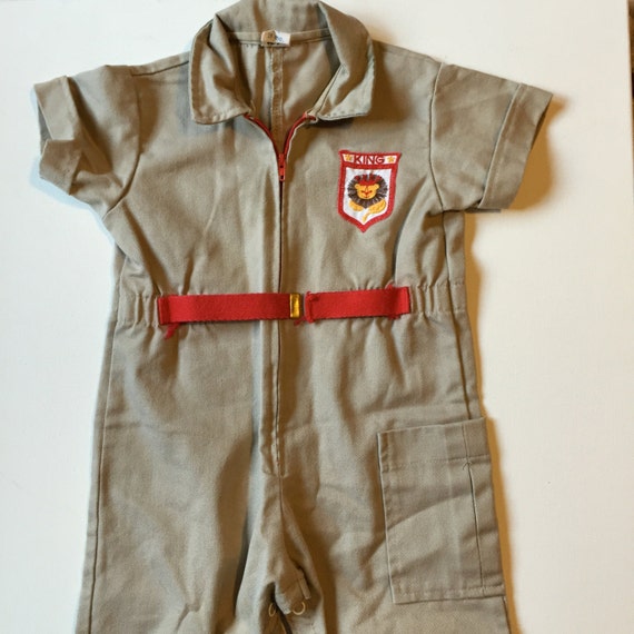Boys Khaki Jumpsuit with Red Belt and Lion Applique Vintage