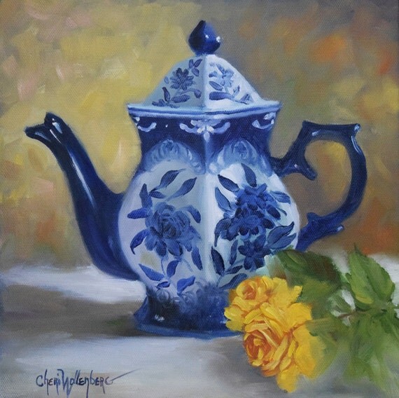 Original Still Life Painting The Elegant Teapot With Yellow