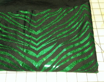 Green Lame' Zebra Print on black background spandex 1yd ...camera is terrible