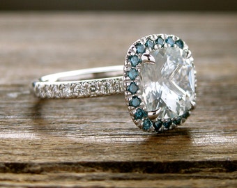 Natural White Sapphire Engagement Ring in 14K White Gold with Teal Diamonds in Halo-Style Setting Size 6