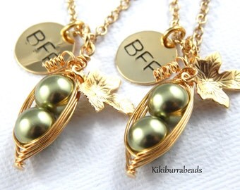 Peapod Necklace - Set Of Two Two Best Friends Peas In A Pod Necklaces With Personalized Hand Stamped Discs Choose Your Color