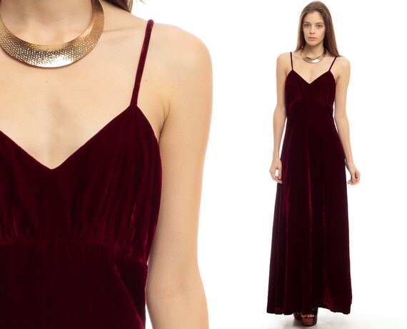 Long Velvet Dress Maxi 90s Red Empire Waist V Neck Column 80s 4024