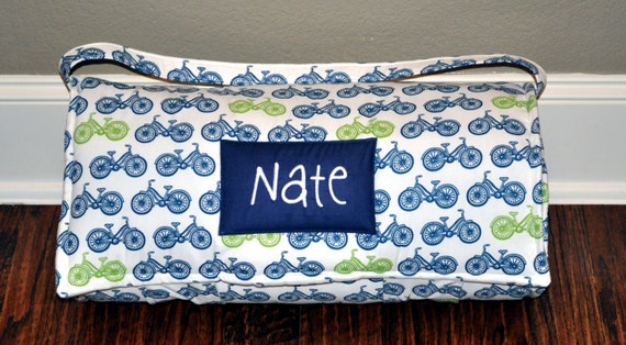 NAP MAT - Monogrammed Organic Cotton Navy & Green Bicycles Nap Mat with Midnight Blue Minky Dot Blanket