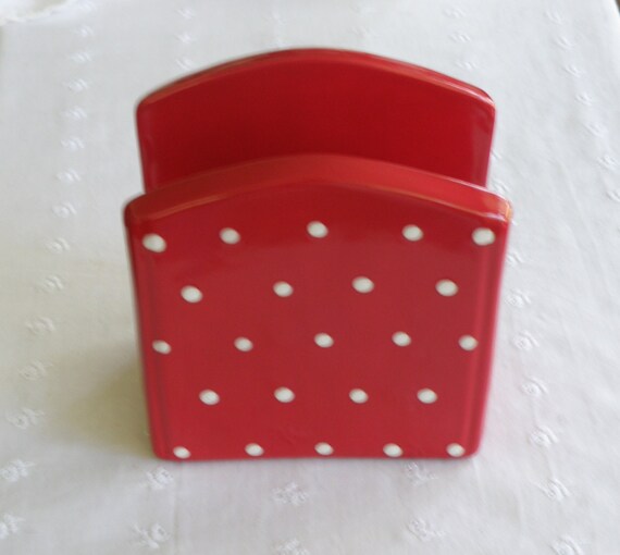 Pottery Napkin Holder Red With White Polka Dots USA Made