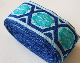 Wide Geometric Vintage Upholstery Trim Blue Turquoise