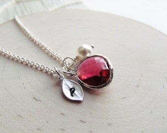 July Birthstone Necklace, Ruby Necklace, Birthstone Necklace with Initial, Birthstone Jewelry, July Birthday Jewelry, Personalized Necklace