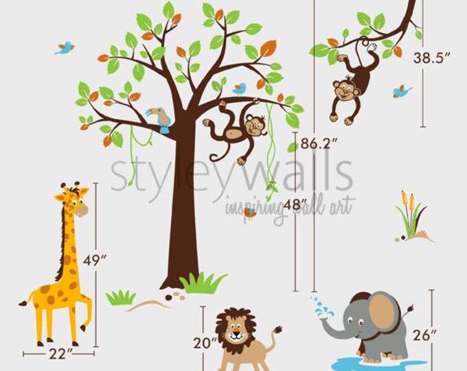 Safari Jungle Animals Wall Decal, Safari Tree Set Wall Decal Sticker, Nursery Kids Playroom Decor, Monkey Giraffe Elephant Lion Wall Decal