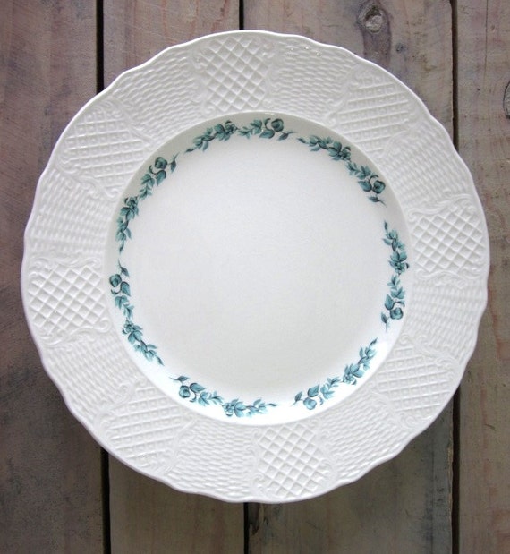 Vintage White Ironstone Dinner Plates with Blue Floral Trim