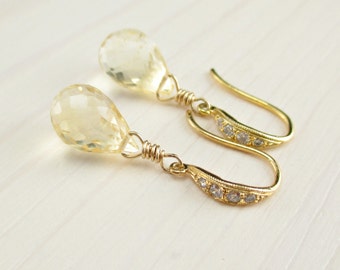 Citrine Earrings, Citrine Gold Pave Earrings, November Birthstone, Citrine Dangle, Yellow Gemstone Cz Earrings, Minimalist, Natural Stone