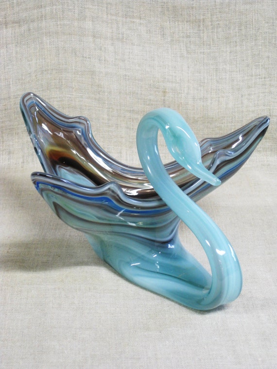 Vintage MidCentury Art Glass Swan Bowl Candy Dish Hand