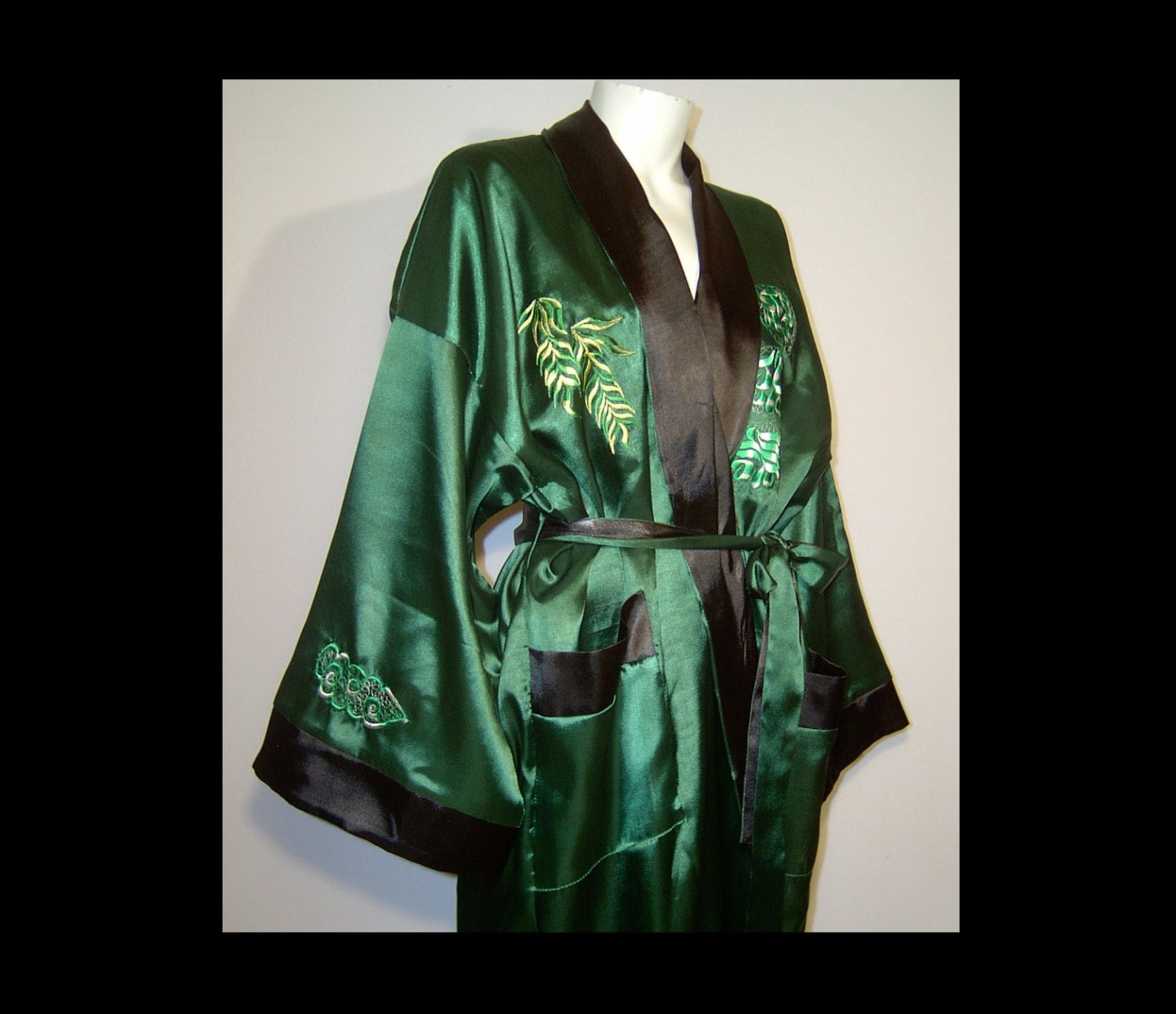 Long silk satin robe XL men women reversible emerald green