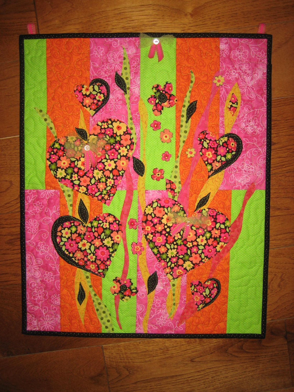 Hearts and Flowers Abstract Art Quilt Fabric by TahoeQuilts