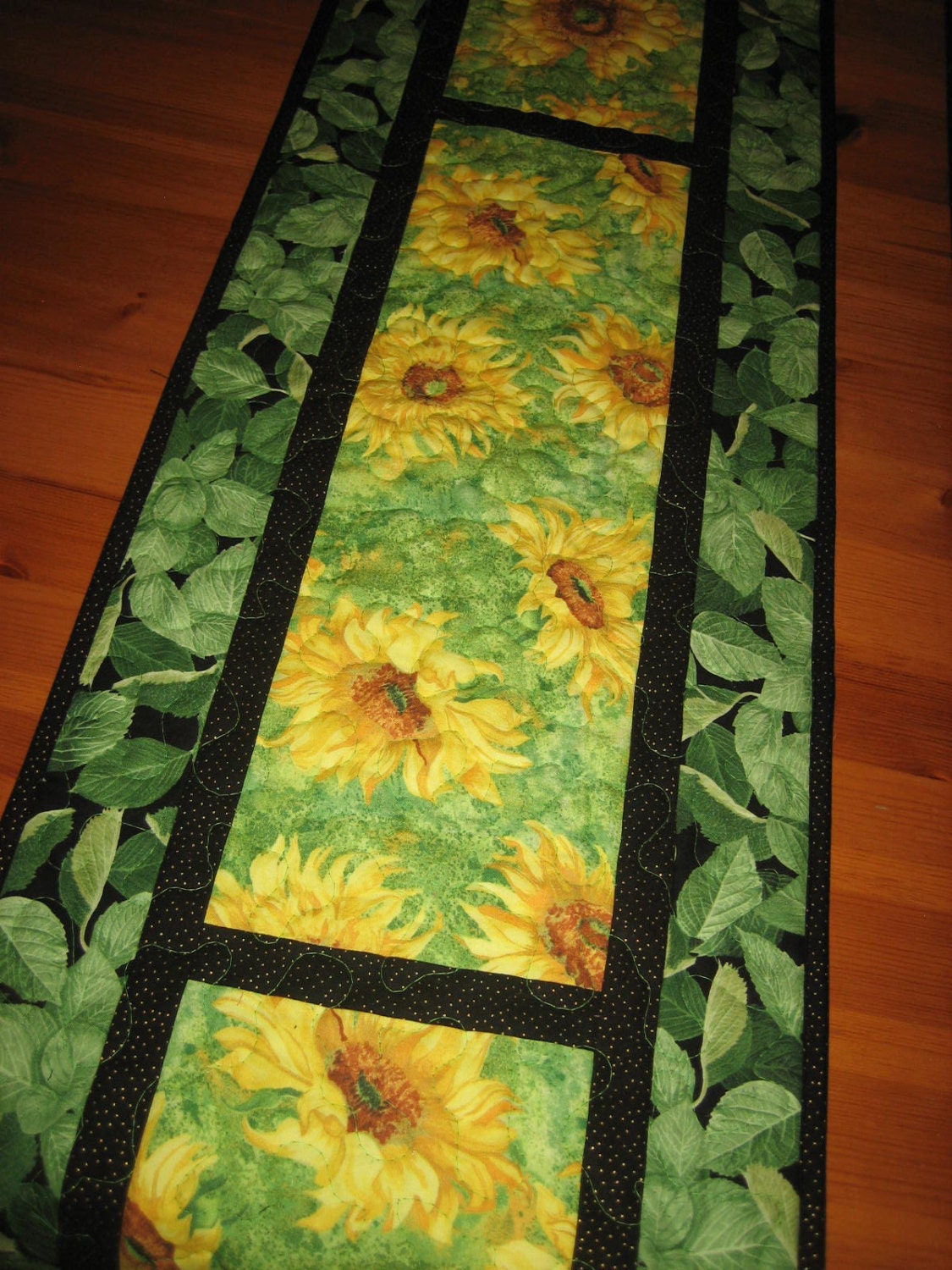 Quilted Table Runner Yellow Sunflowers On Green Big by TahoeQuilts
