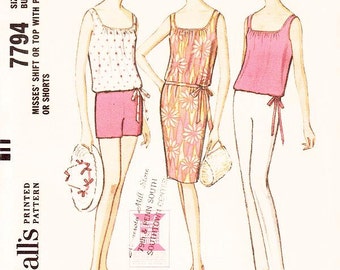 Misses' Shift Dress or Top with Pants or Shorts - SZ 16/Bust 36 - Vintage 1960s Dress Pattern - McCall's 7248