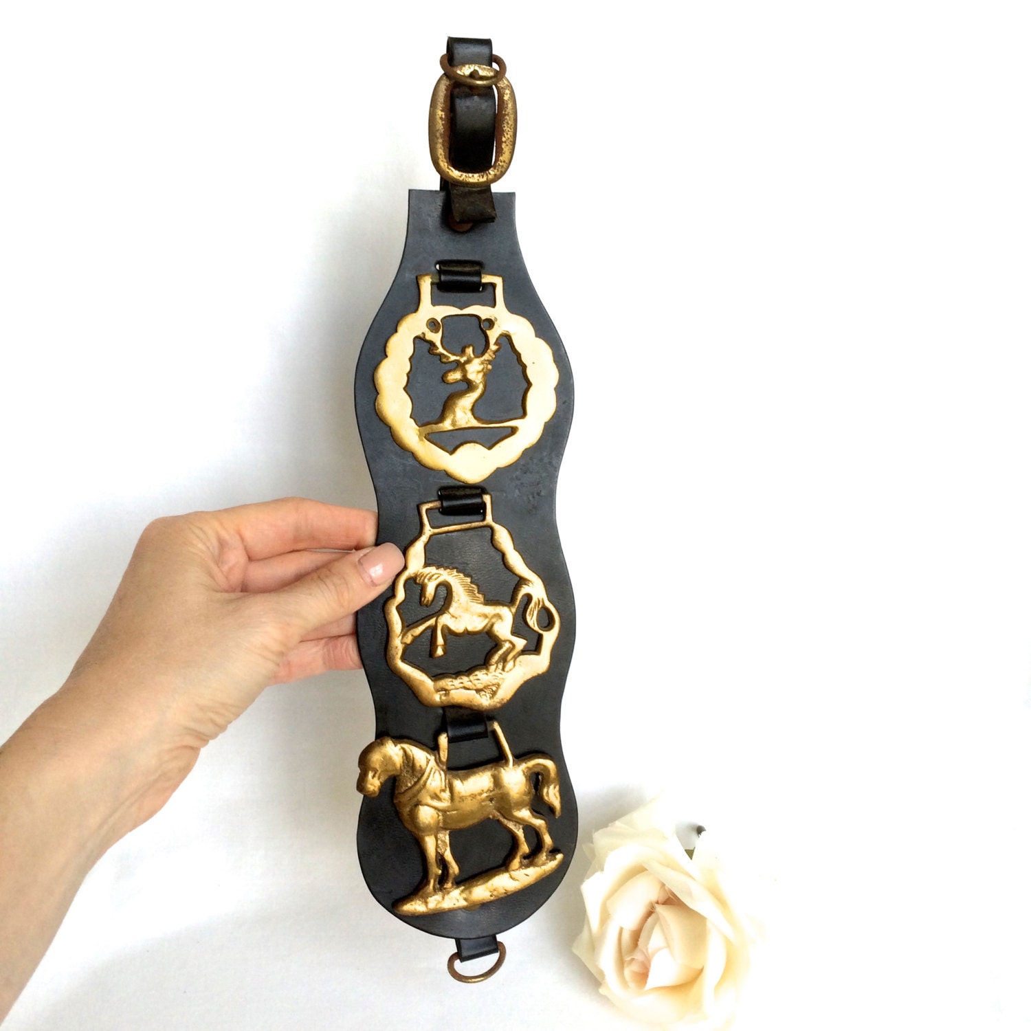 Brass Horse tack Black Strap with 3 Brass by EllasAtticVintage