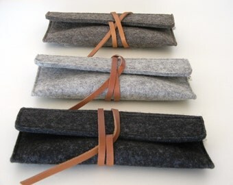 Minimalist wool felt leather case-sunglasses-pencil case-grey-handmade-soft-multi functional -durable-eco friendly-great gift