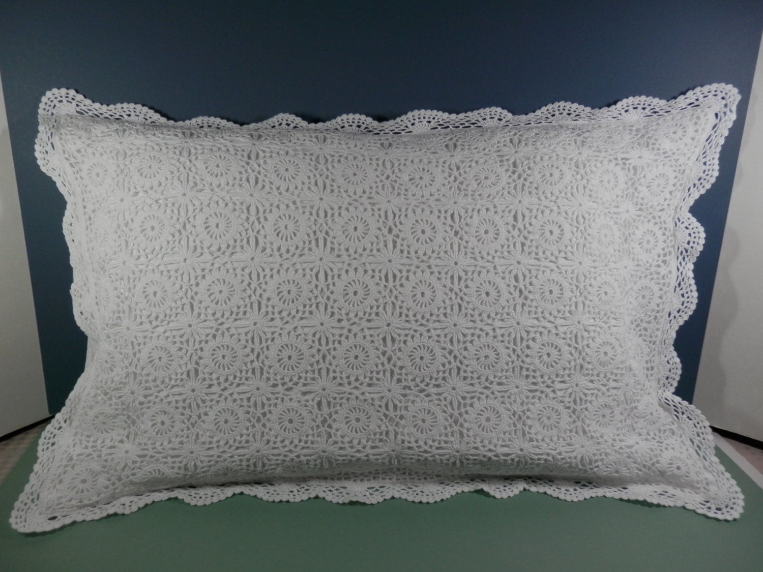 20 x 30 Vintage White Hand Crochet Pillow Sham/Case Rosette