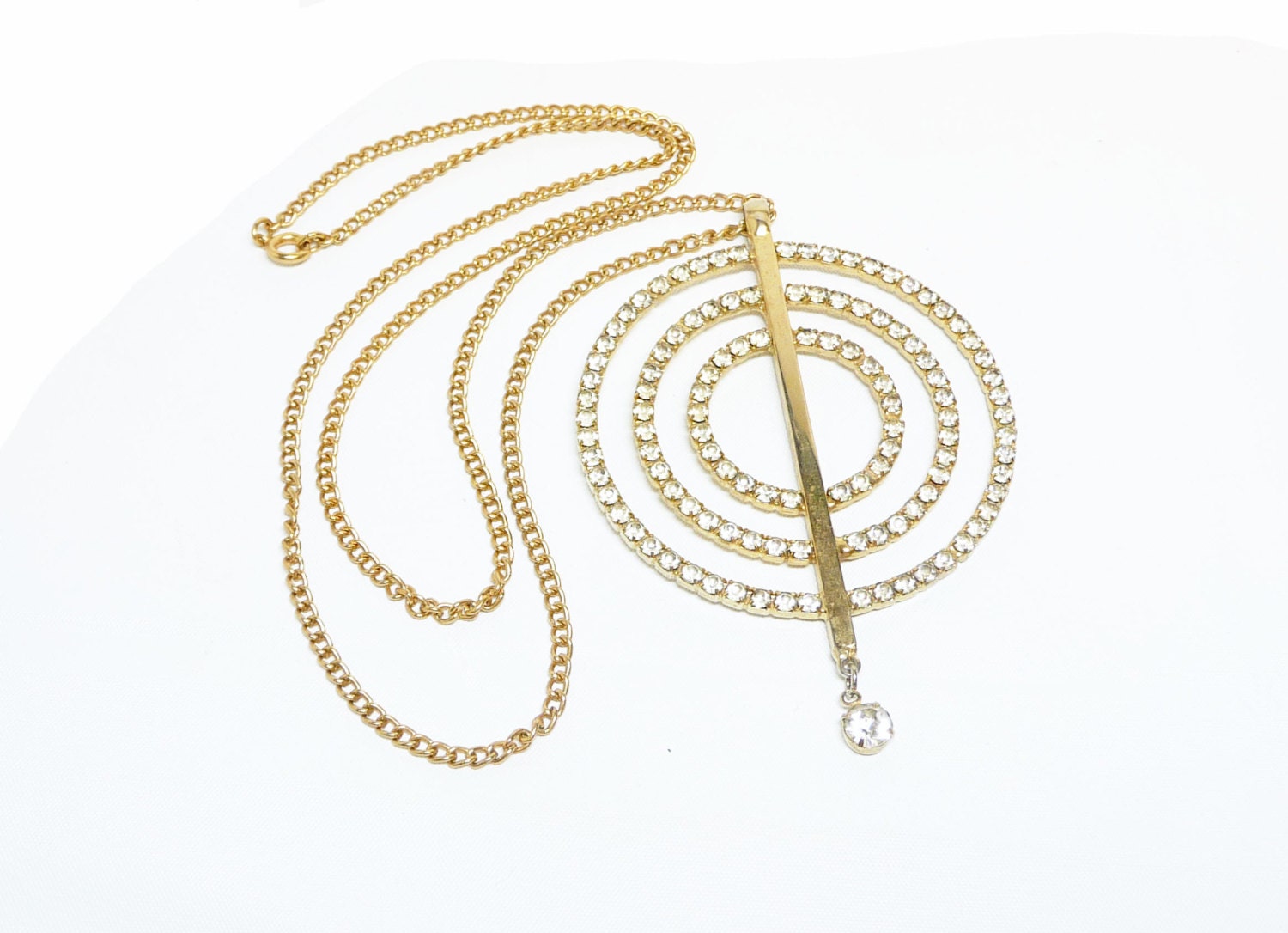 Retro Pendant & Skinny Chain – Mod Goldtone Circles with Clear ...