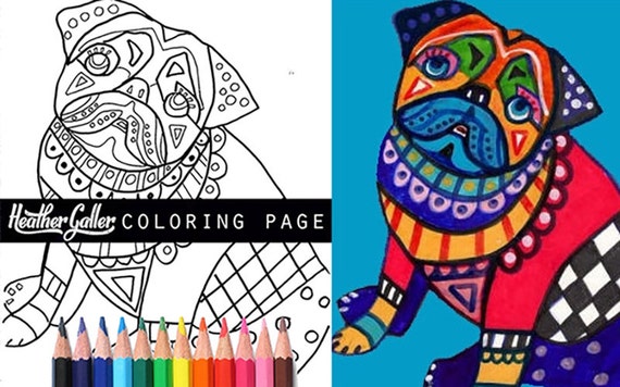 Pug coloring book art pages, Dog adult coloring book, coloring pages, adult coloring pages, coloring book for adults, printable