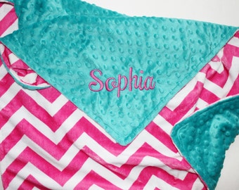 Personalized PINK CHEVRON MINKY Baby Blanket or Lovey with Teal Dot Minky