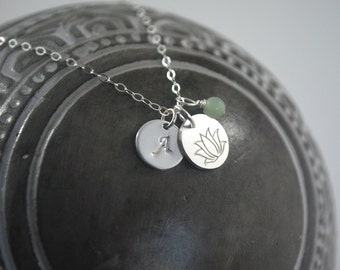 Strength necklace, silver lotus coin necklace Monogram Amazonite + Lotus necklace. No mud no lotus grace necklace Inspirational gift idea
