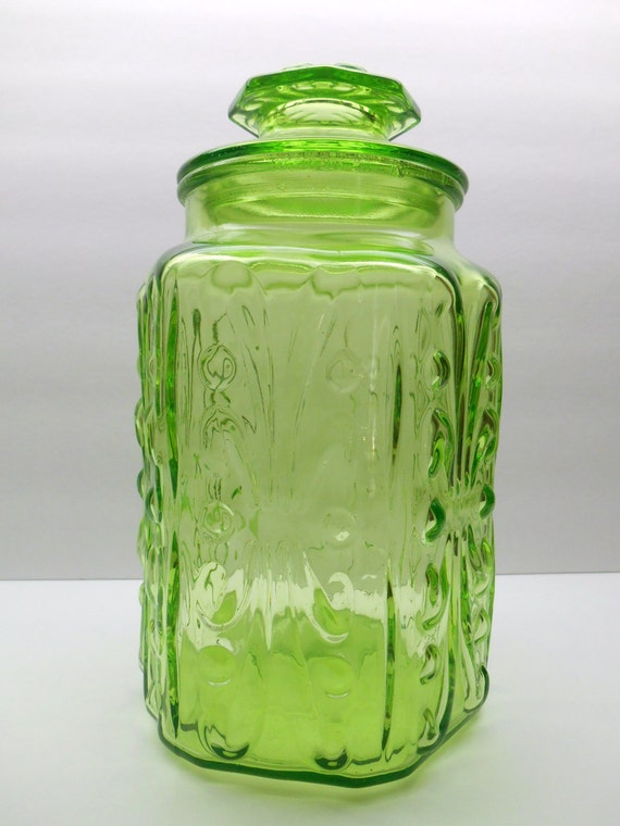 Vintage Green Glass Kitchen Canister Cookie Jar