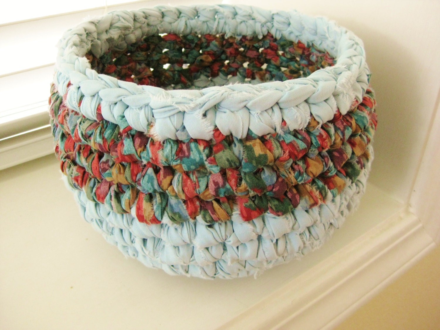 Rag Bowl Crocheted-Aqua-Repurposed-Crochet Rag Bowl-Crochet