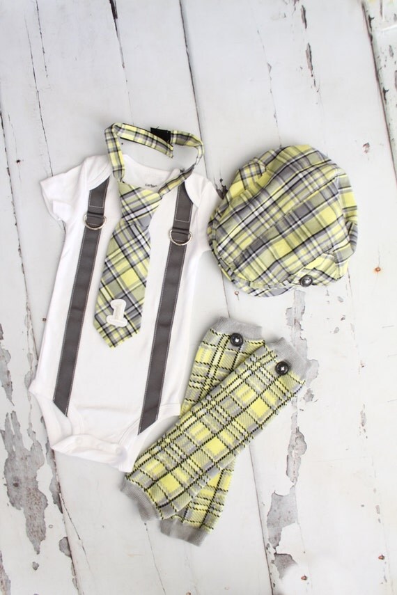 Baby Boy 1st or 2nd Birthday Outfit Complete set of 4 Items. Gray Yellow Arayle Plaid Tie w Number 1 or 2, Button Leg Warmers, & Newsboy Hat by ChicCoutureBoutique