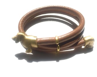 Dachshund Bracelet - Brass and Faux Leather Wrap
