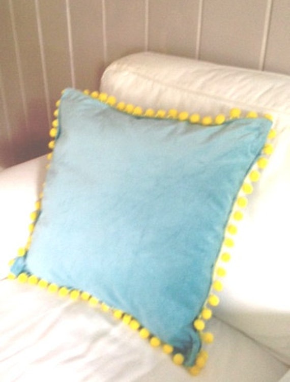 trim pom yellow pom Pillow with Blue cover Pom She Wore Yellow Trim Pom Velvet