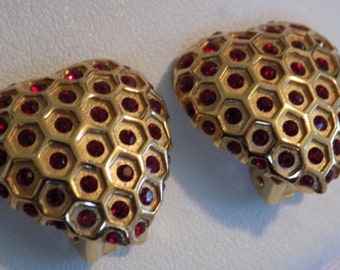 Vintage earrings, signed Vendome red crystal heart clip-on earrings, designer retro earrings, vintage jewelry