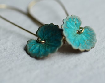 Green Leaf Earrings ... Boho Turquoise Lily Pad Long Earrings