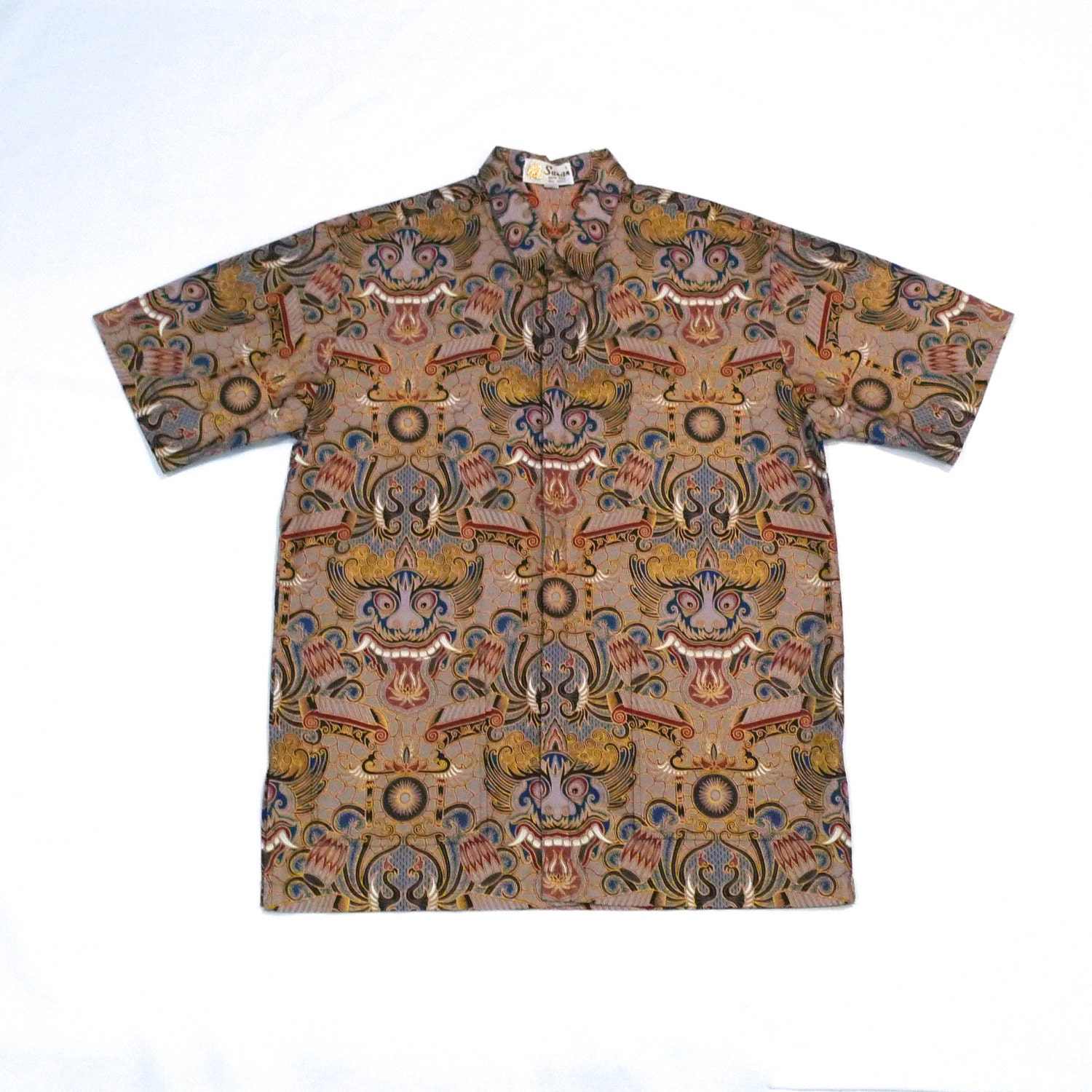 Indonesia Batik Shirt Mens Vintage Fanged Demon Shirt Tribal