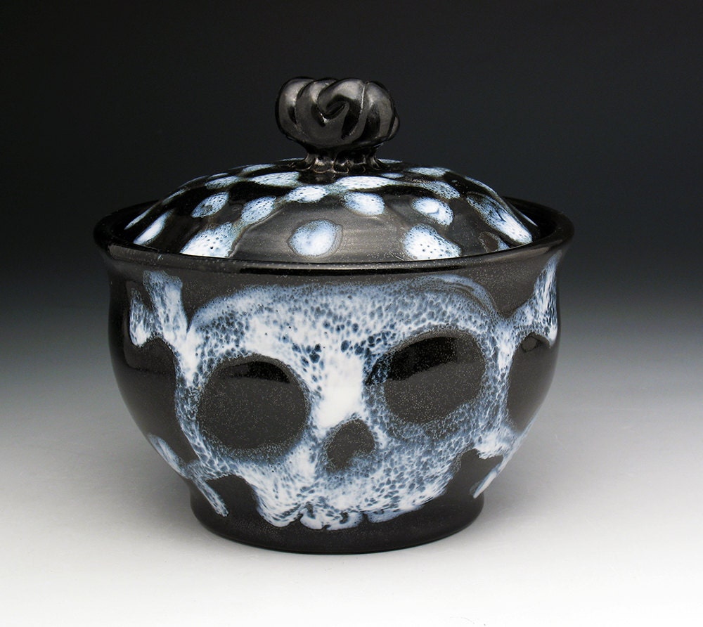 Skull Sugar Bowl Ghost Skulls & Crossbones by NicolePangasCeramics