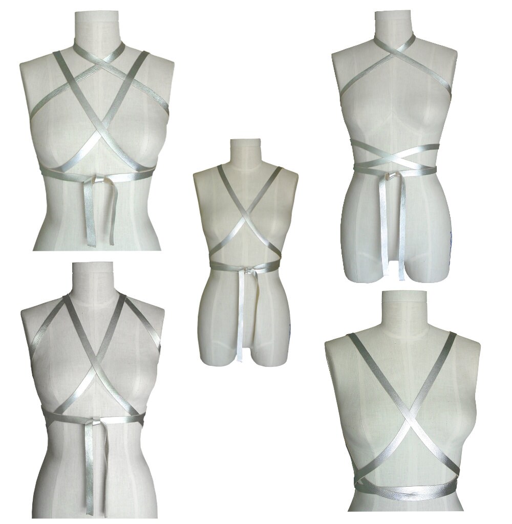 LEATHER BODY HARNESS Silver Leather Strap Belt Metallic Silver