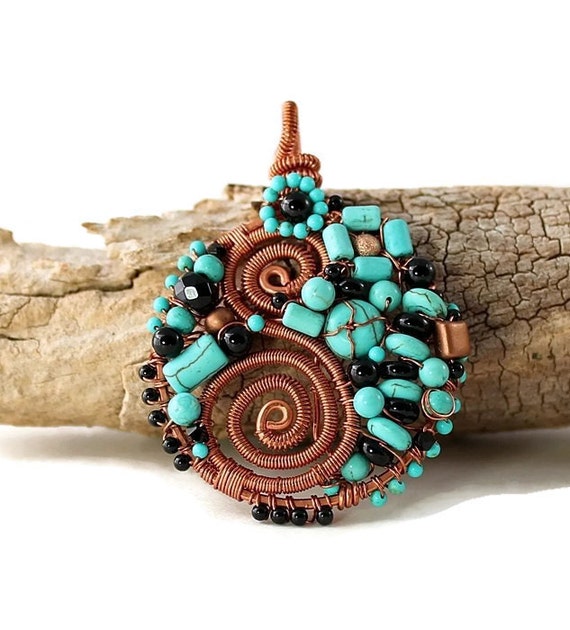 Wire Wrapped Copper and Turquoise Pendant by whitecloverstudios