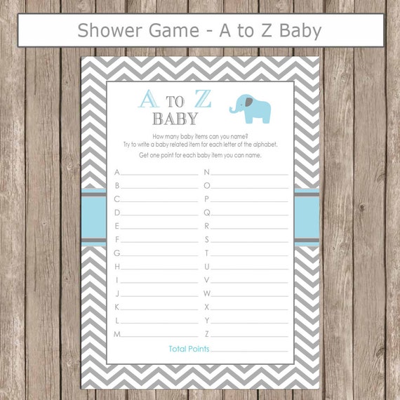 Elephant Baby Shower A to Z Baby Game in Baby Blue and Gray