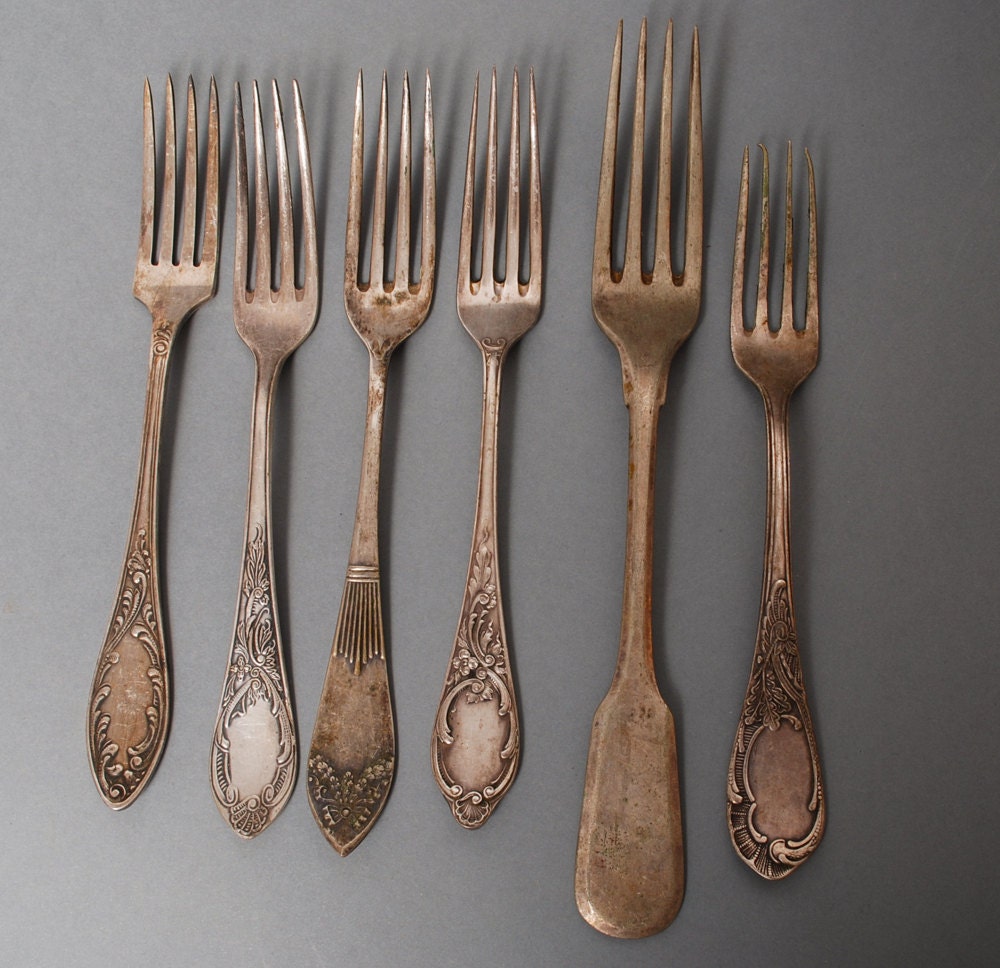 Set of 6 Antique metal different forks alpaca Art Nouveau