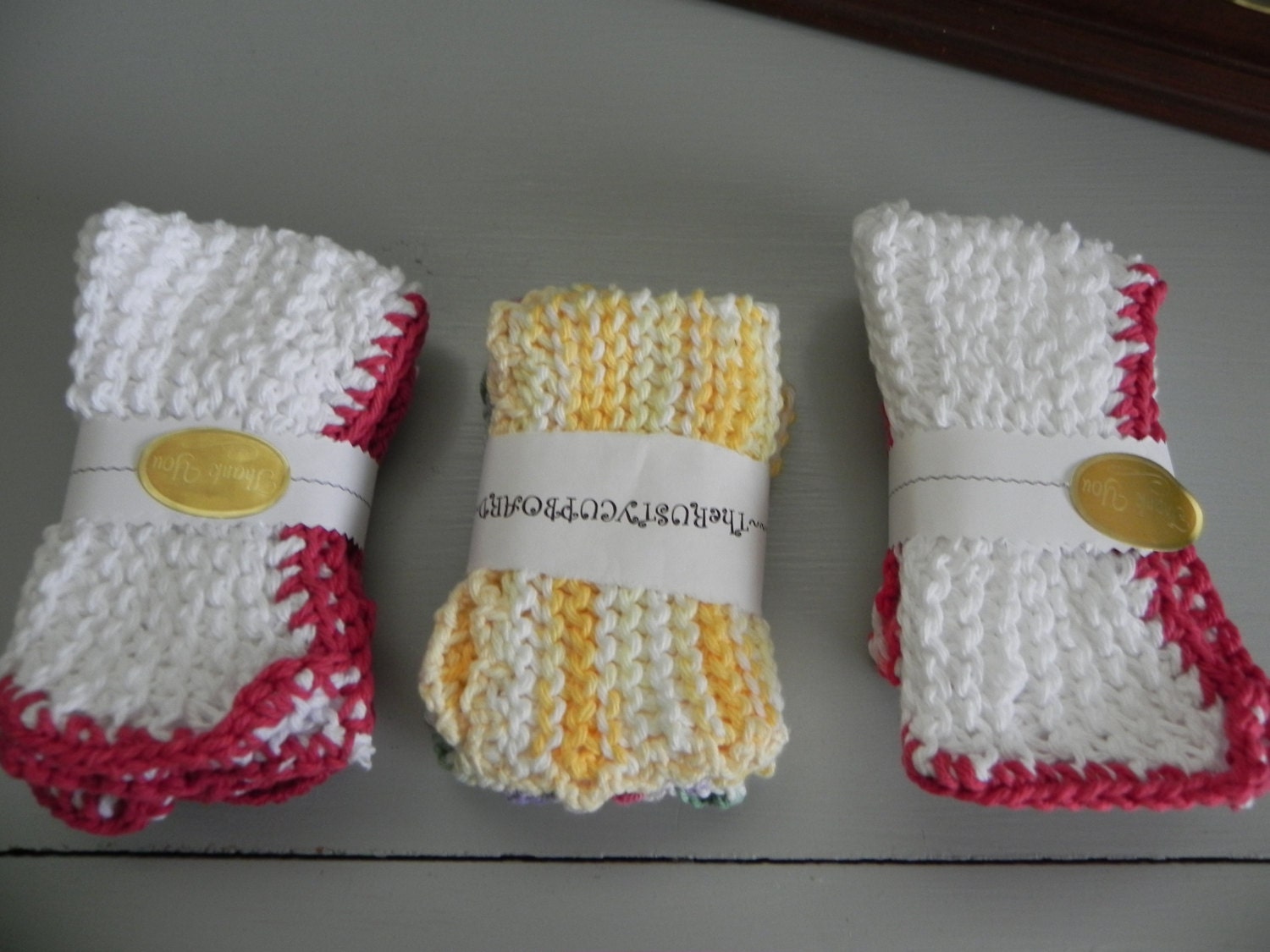 Hand Knitted Dishcloth with Crocheted edging 3 sets of 2