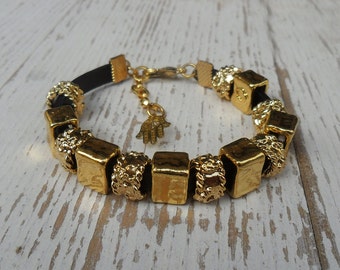 Black leather and gold bracelet with plated unique beads - 2 side bracelet , hand made