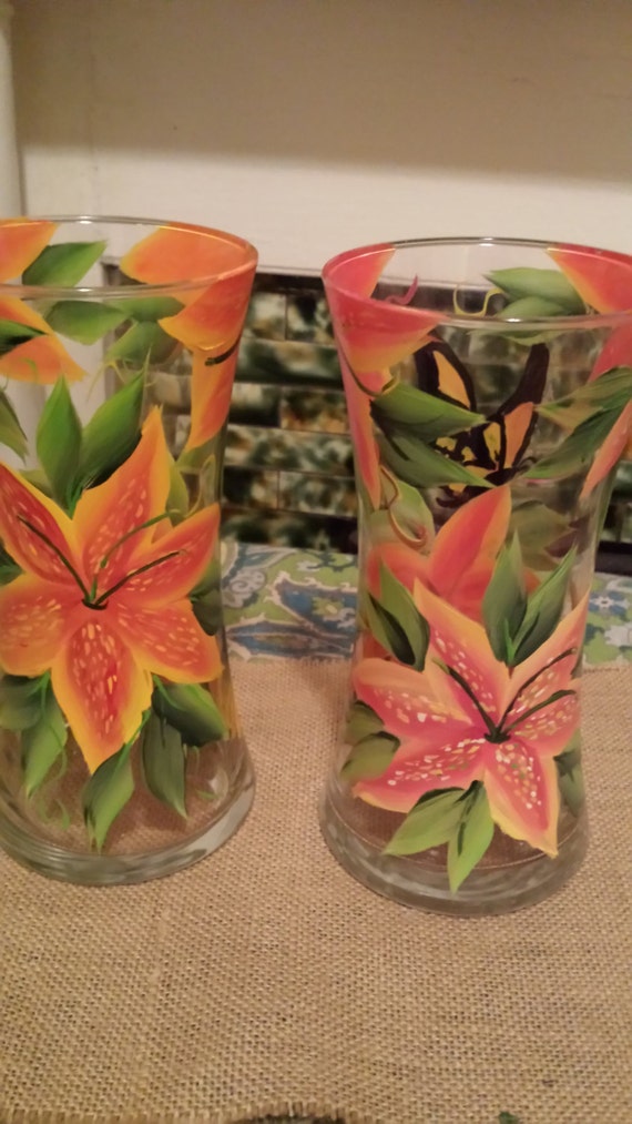 Hand painted tiger lily decorative vase choice of orange
